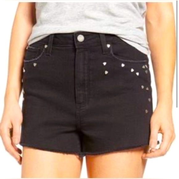 Paige Margot mini Shorts high rise Noir Studded Heart, black distressed, sz 29 - Picture 2 of 12